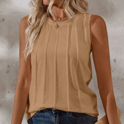 Round-Neck Pleated Casual Tank Top